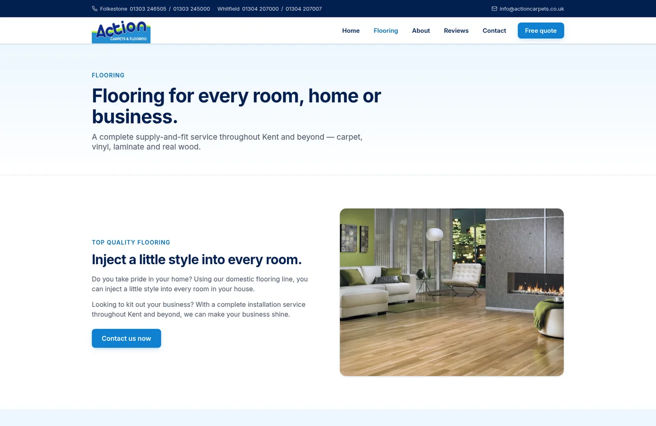 Action Carpets flooring page — &lsquo;Flooring for every room, home or business&rsquo; with a styled living-room interior