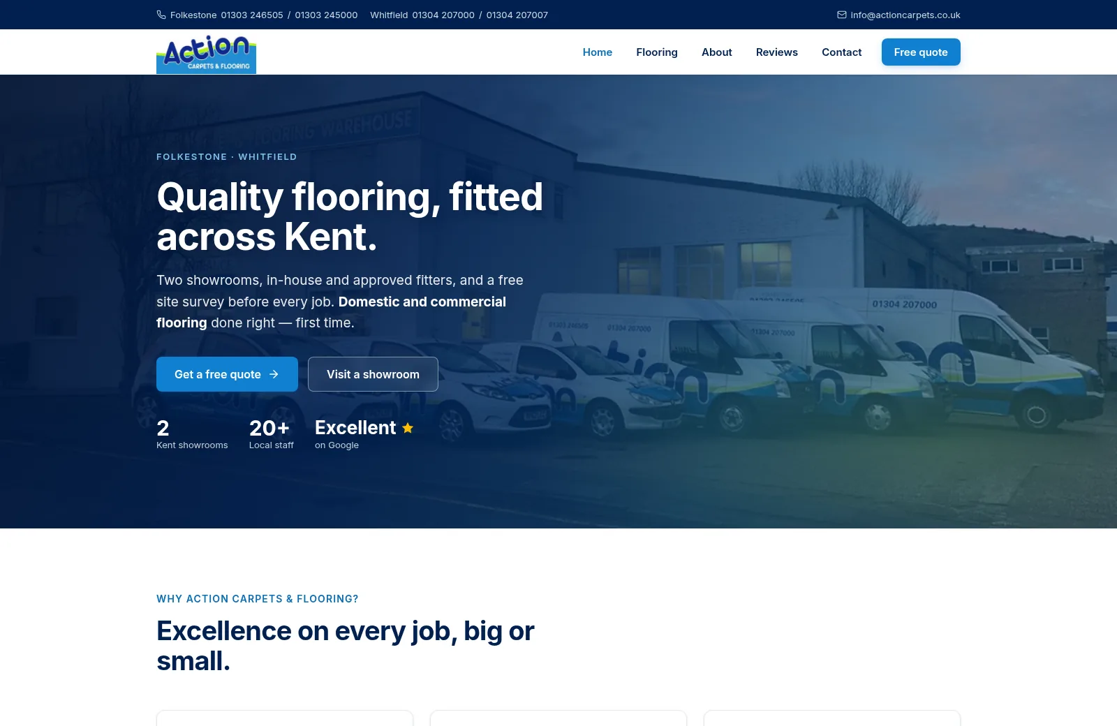 Action Carpets & Flooring homepage — &lsquo;Quality flooring, fitted across Kent&rsquo; over the warehouse and branded van fleet
