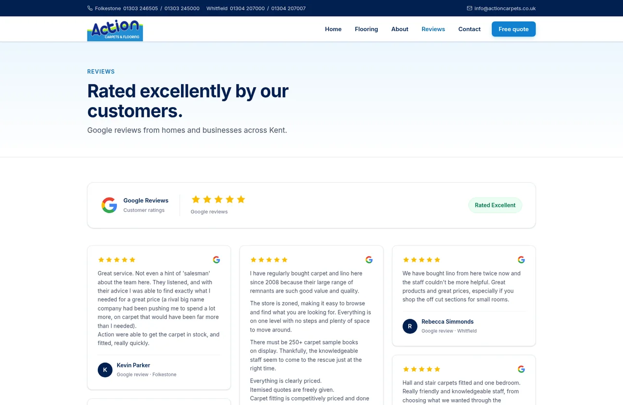 Action Carpets reviews page — an &lsquo;Excellent&rsquo; Google rating with real customer reviews across Kent