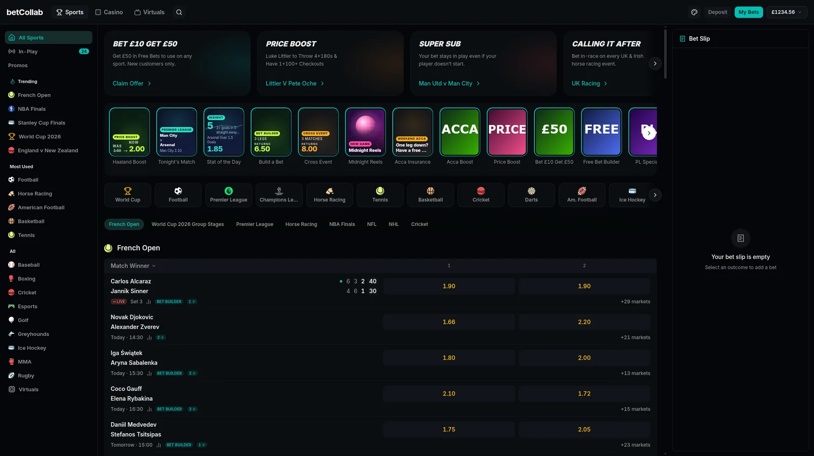 betCollab sportsbook design system — sidebar navigation, featured matches, bet boosts and a bet builder